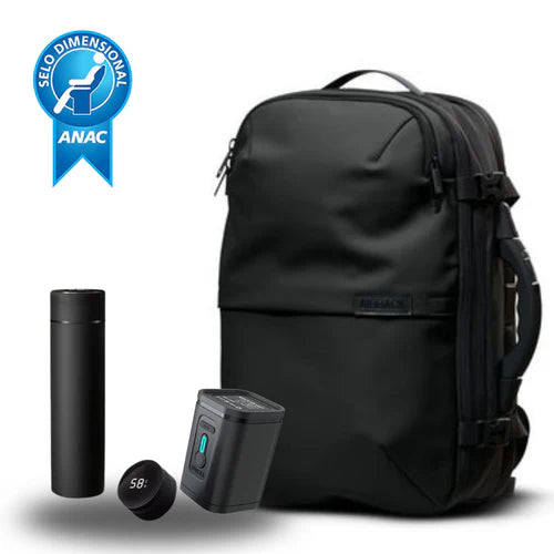 Mochila AirBag Preto Fosco + Sistema de vácuo integrado + Garrafa Inteligente + Bomba de ar portátil