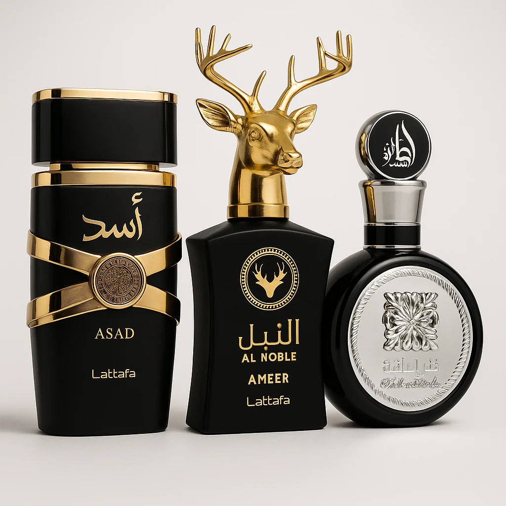 KIT 3 PERFUMES MASCULINOS ÁRABES 100ml CADA | ASAD LATTAFA + FAKHAR BLACK + AL NOBLE (QUEIMA DE ESTOQUE)