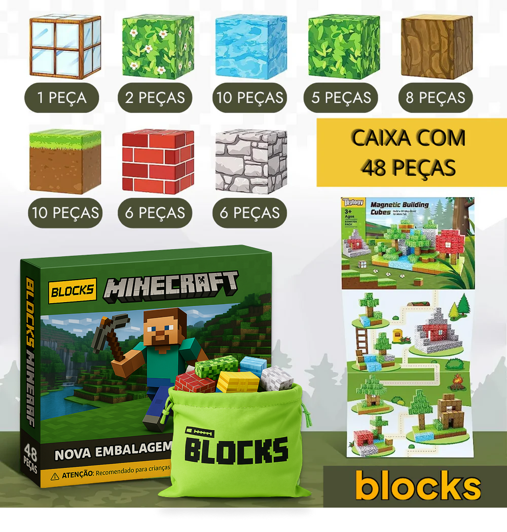Esquenta Dia das Crianças Minecraft - 48/64/75 peças [+5 Personagens GRÁTIS]